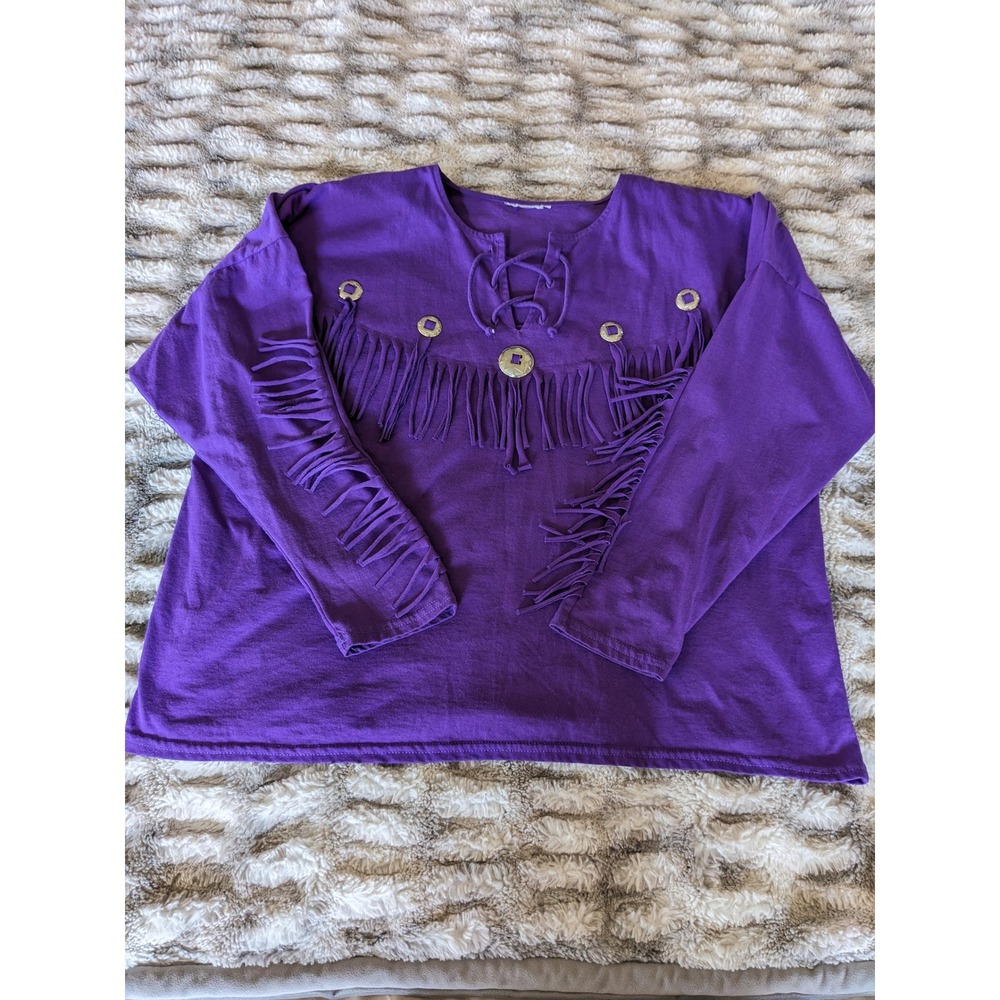 Vintage 80s 90s Purple Southwestern Western Fringe Concho Knit Top Plus Size